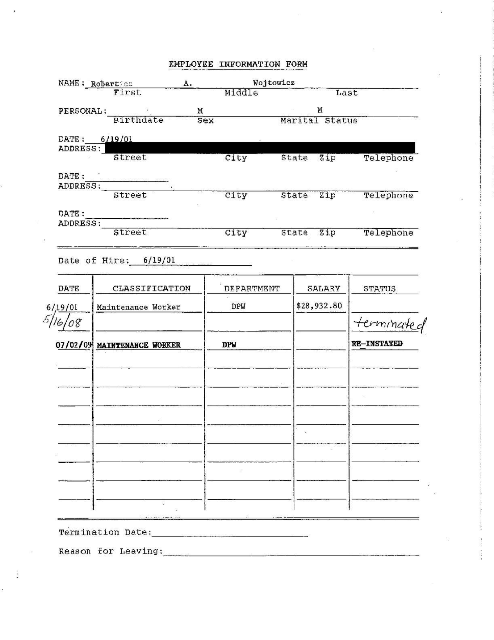 Clinton Township employee information form identifying Robert Wojtowicz as a Department of Public Works maintenance worker